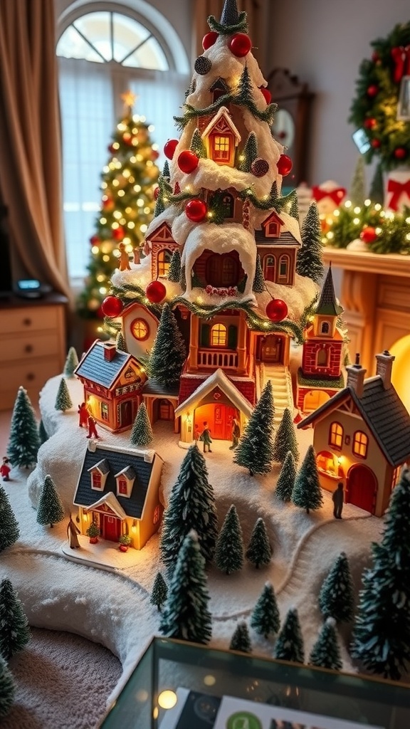 A charming Christmas tree village display with miniature houses, trees, and lights, set in a cozy holiday-themed room.